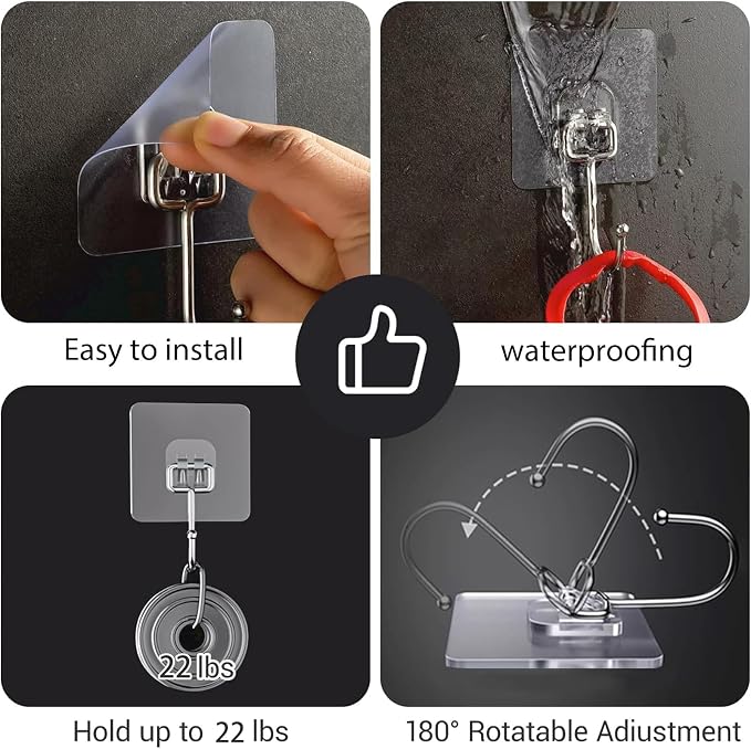 Large Hooks for Hanging Heavy-Duty 44Ib(Max) Self Adhesive-Hooks for Hanging, Traceless Clear and Removable, Waterproof and Rustproof Multiple Uses for Bathroom Kitchen Home 18 Pack