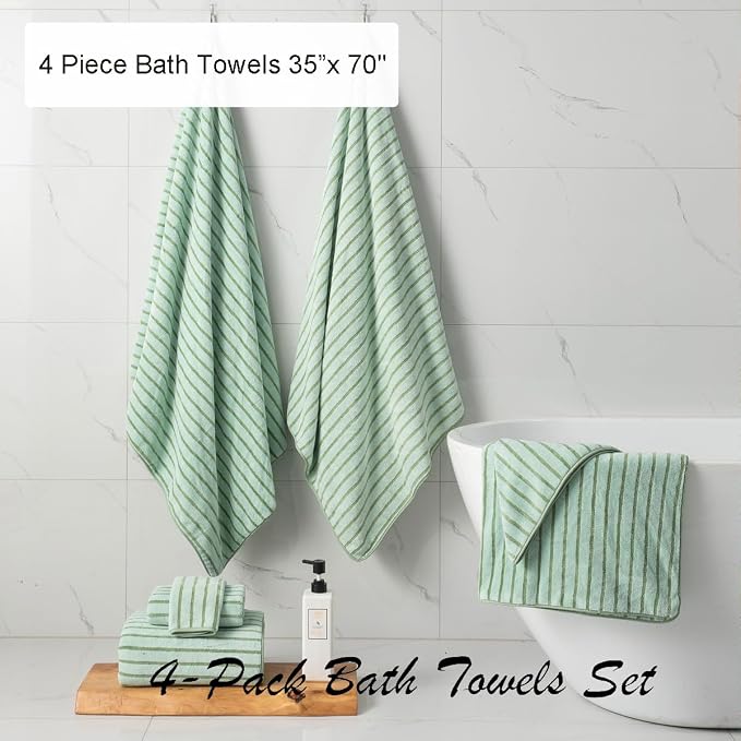 4 Pcs Green Cabana Stripe Large Bath Sheets Soft Microfiber Bathroom Towels | Fluffy oversized towel with hang loops absorbent quilck dry easy replacement family dorm sets for home beach pool gym yoga