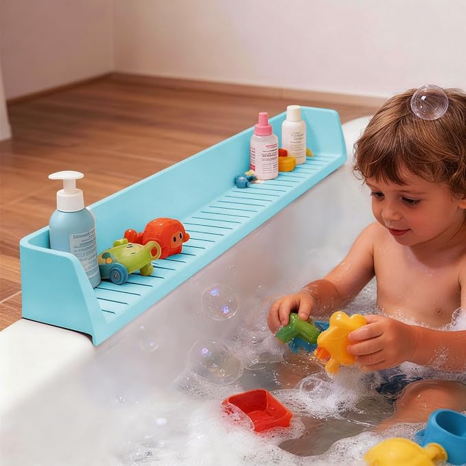 Bathtub Splash Guard for Tub Kids- Silicone Bath Play Shelf | 31" Extra Long Toy Tray & Caddy Holder, Prevent Water Spills & Messy Floors, Tub Edge Guard for Bathroom- Blue