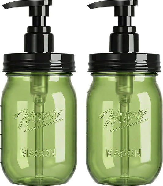 Amolliar Plastic Mason Jar Soap Dispenser with Pump Lid 16OZ - 2Pack Green | Refillable BPA-Free Hand Soap Dispenser Set with Cute Lables, Farmhouse Decor for Kitchen Bathroom Liquid Dish Soap Lotion