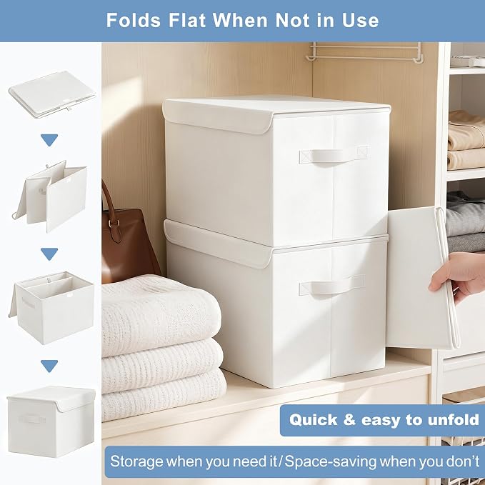 Large 17" 42 Quarts Collapsible Stackable Storage Bins with Lids [3-Pack] Foldable Fabric Linen Storage Boxes Cube, Closet Organizer Baskets with Label (16.7 x 12 x 12, White)