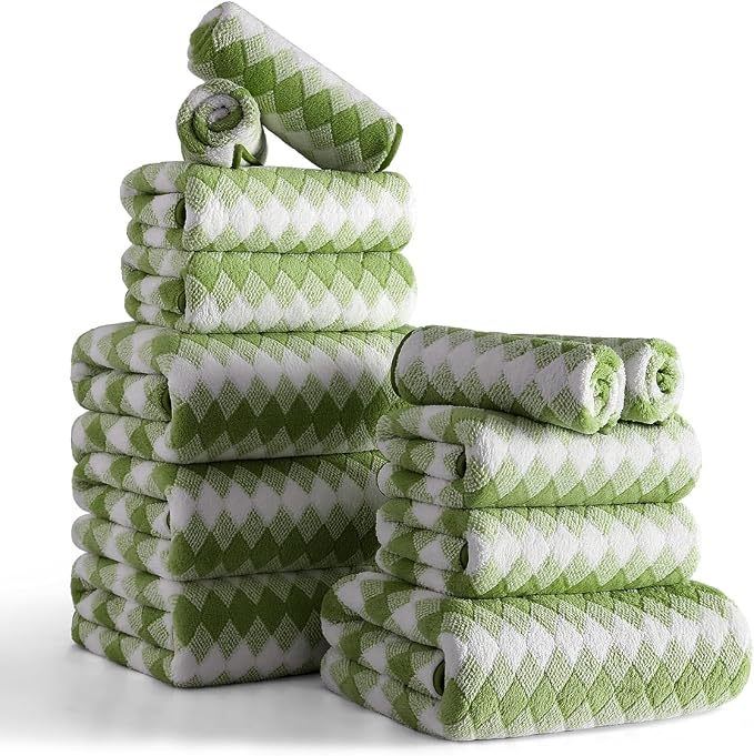 12 Pcs Dark Green White Diamond Towel Set-4 Bath Towels,4 Hand Towels,4 Washcloths Soft Polyester Bath Towel with Loop Absorbent Shower Towel Quick Dry Family Towels for Bathroom Spa Gym