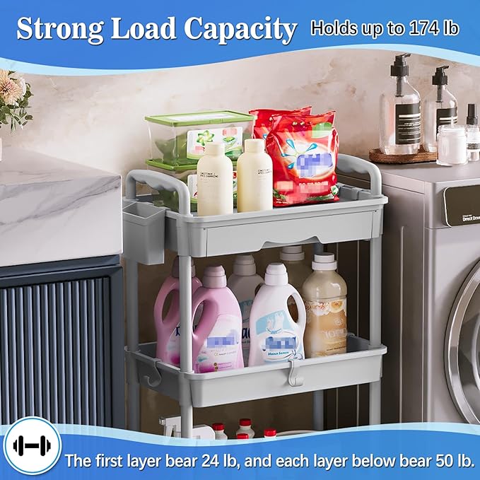 SUNALLY 3 Tier Rolling Cart with Drawer, Craft Storage Cart Organizer, Gray | Bathroom Storage Organizer with 2 Lockable Wheels, Rolling Utility Cart for Kitchen, Office, Baby, Makeup, Nail,Snack,Laundry