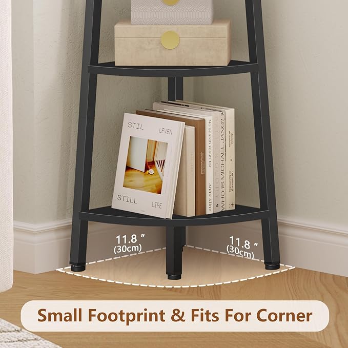 Hoctieon Corner Shelf, 6-Tier Corner Bookshelf, Rustic Ladder Shelf, Industrial Display Stand for Living Room, Kitchen, Home Office, Balcony, Small Space, Metal Frame, Black