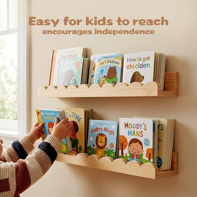 Nursery Floating Shelves for Kids Room, 2 Pack 23.6 Inch Natural Wood Wall Shelves with Scalloped Edge, Kids Bookshelves for Toddler Bedroom, Playroom, Baby Nursery Decor