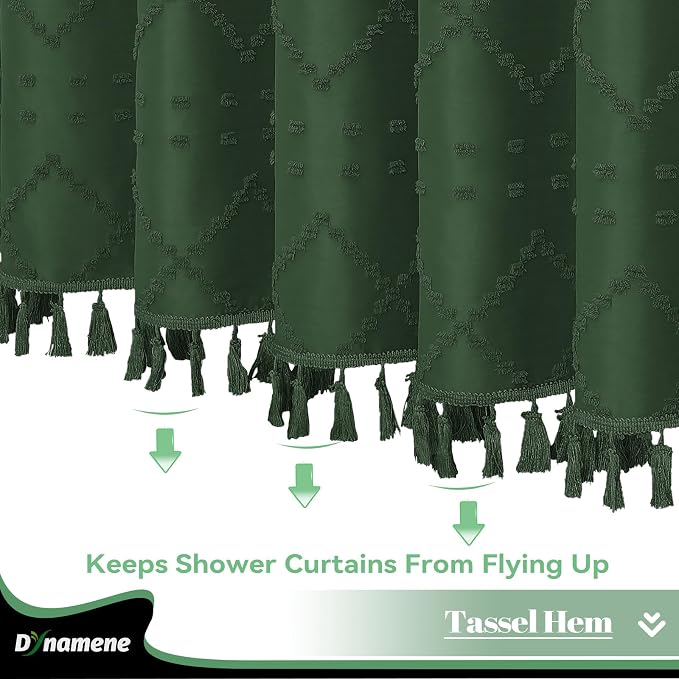Extra Long Boho Shower Curtain Tufted Geometric 72"x96" Dark Green | 96 Inch Tall, Elegant Tassel, Lightweight Textured Fabric, Water Repellent, Washable, Hotel Spa, for Bathroom/Dorm 12 Hooks