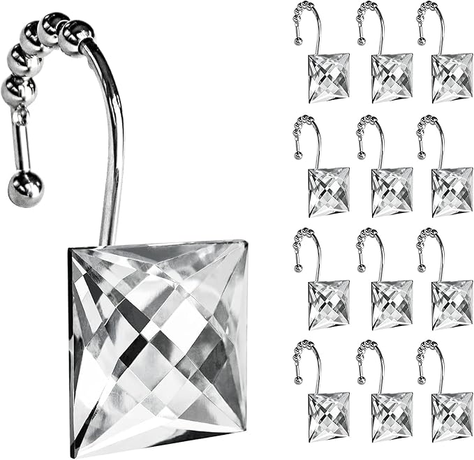 Sunlit Luxury Design Square Clear Diamond Crystal Gem Bling with Glide Balls Shower Curtain Hooks, Rust Proof Metal Rhinestones Glam Shower Curtain Rings-12 Pack