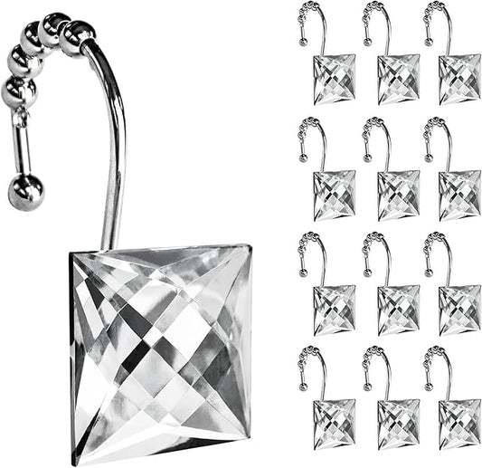 Sunlit Luxury Design Square Clear Diamond Crystal Gem Bling with Glide Balls Shower Curtain Hooks, Rust Proof Metal Rhinestones Glam Shower Curtain Rings-12 Pack