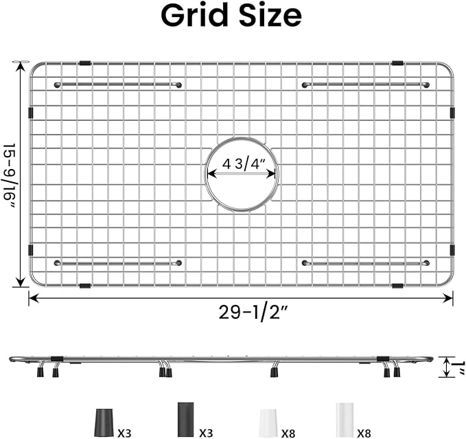 Kitchen Sink Grate for Bottom of Sink 29-1/2"X15-9/16", 304 Stainless Steel | Sink Grid Single-Bowl Farm Sink Protector Metal Grill Rack Centered Drain with Corner Radius 3/8" and Soft Rubber Feet 20pcs