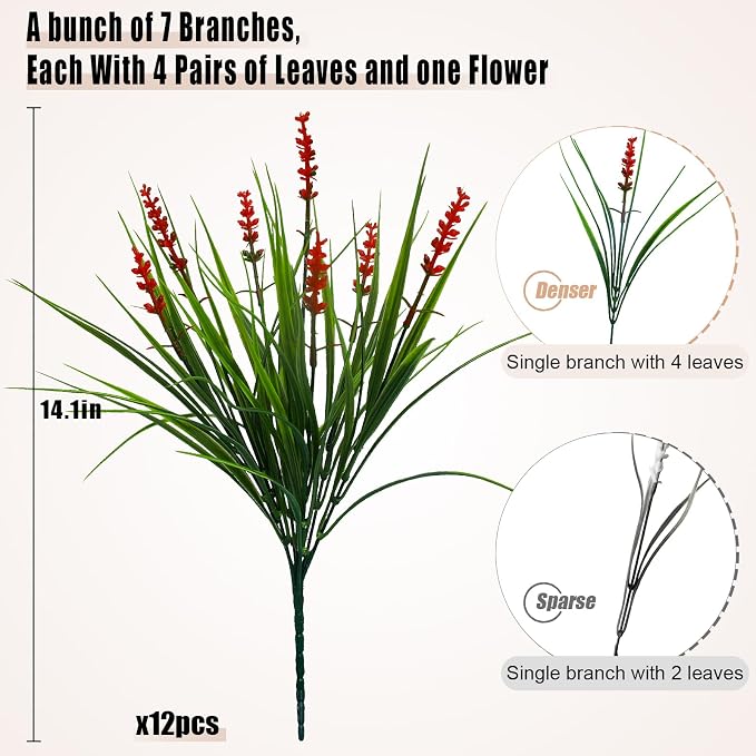 alyptus Artificial Flowers Outdoor 12 Bundles Fake Plants Outside Red Flower Grass Faux Greenery Spring Summer Wildflower Decoration for Outdoors Yard Front Porch Planter Decor (Red Flowers)