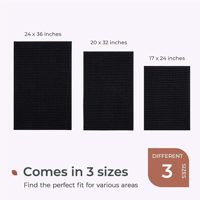 FRESHMINT Thick Chunky Chenille Bathroom Rug, Black, 17"x24" | Non-Slip Backing, Water Absorbent Surface, Machine Washable Care, Cushioned Comfort, Bathroom Floor Use