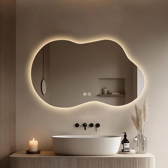LED Mirror for Bathroom, 22x36 Inch Irregular Backlit Mirror | 3 Colors, Dimmable, Anti-Fog, Memory Function, Horizontal/Vertical, Al Alloy Lampshade, HD Glass, Rust-proof Treatment, UL