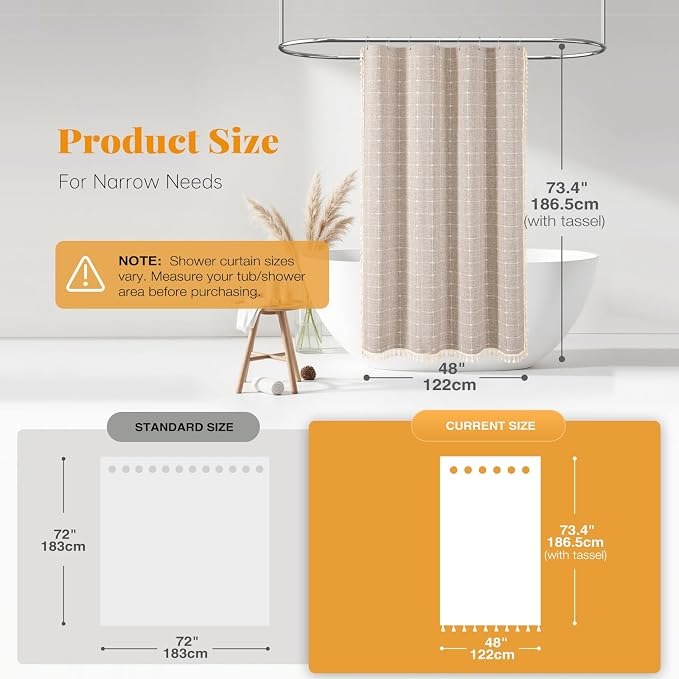48x72 Boho Farmhouse Linen Heavy Duty Shower Curtain Set, Tan/Taupe | Stall Size, 330GSM Linen Blend, 3-side Tassels, Water Repellent Fabric, 8 Plastic Hooks, Rustic Bohemian, Machine Washable