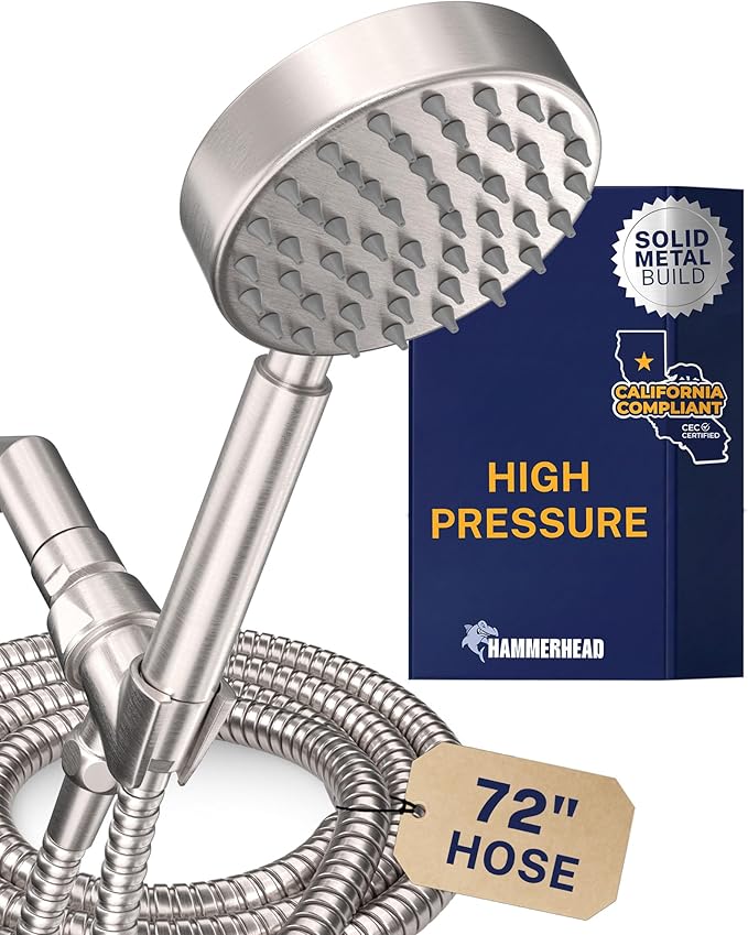 HammerHead Showers® Solid Metal LOW FLOW Handheld Shower Head with Hose and Brass Holder - BRUSHED NICKEL – Water Saving 1.75 GPM Detachable Shower Head - Adjustable Shower Wand Bracket & 6ft Hose