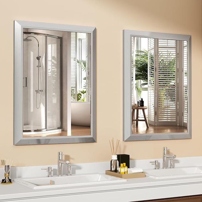 SMIROR 36x30 Brushed Silver Bathroom Vanity Mirror for Over Sink | Metal Wide Frame, Rectangle, Right- Angle Corner, Anti-Rust, Horizontally or Vertically Wall- Mounted for Home Remodel