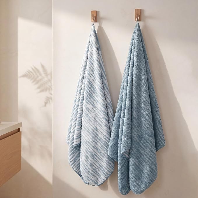 REDKISS 2 Pack Blue Bath Towels Set, 100% Cotton Double-Sided Design | Ultra Soft, Super Absorbent, Quick Dry Bathroom Towels for Bathroom, Gym, Spa, Pool, Hotel & Family Use, 29 x 59 Inches
