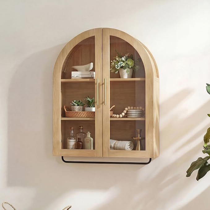 Seang Bathroom Arched Wall Cabinet,23.6" Modern Medicine Cabinet with Towel Bar and Adjustable Shelf,Over The Toilet Wall Storage Cabinet for Laundry Room,Living Room,Kitchen,Natural