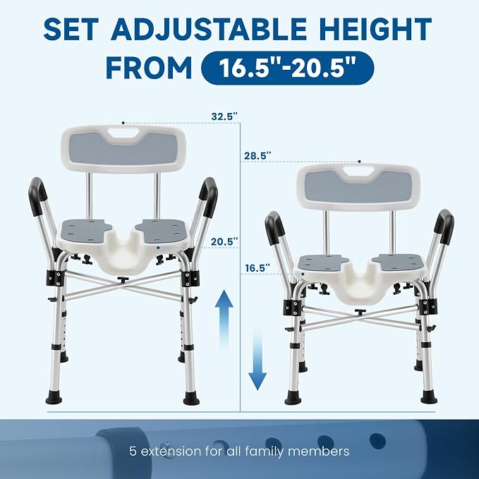 U-Shaped Shower Chair for Inside Shower, Adjustable Chair with Arms & Back | FSA/HSA Eligible, 600lb Capacity, Crossbar Design, Adjustable Height, Tool-Free, Non-Slip Bath Chair for Elderly and Disabled