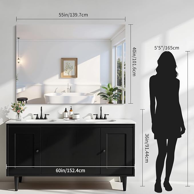 KOCUUY Large Frameless Mirror, 55"x40" Bathroom Mirror for Over Sink, Upgraded Shatterproof, Large Rectangle Unframed Mirror for Wall, Bedroom, Living Room, Entryway, Hang Horizontal/Vertical