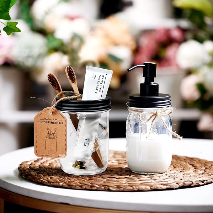 Amolliar Mason Jar Toothbrush Holder - Rustproof Stainless Steel, Black | Toothbrushes and Toothpaste Holder with Chalkboard Labels - Farmhouse Décor Bathroom Countertop and Vanity Storage Organizer