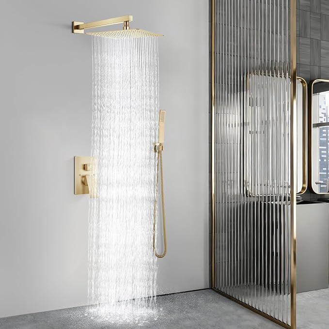 Aolemi Shower Faucet Set with Handheld Brushed Gold 16 Inch Head | Pressure Balance Shower Valve and Trim Kit,SUS304 Rain Head and Handle System,All Metal,Wall Mount,Bathroom,Handheld Spray