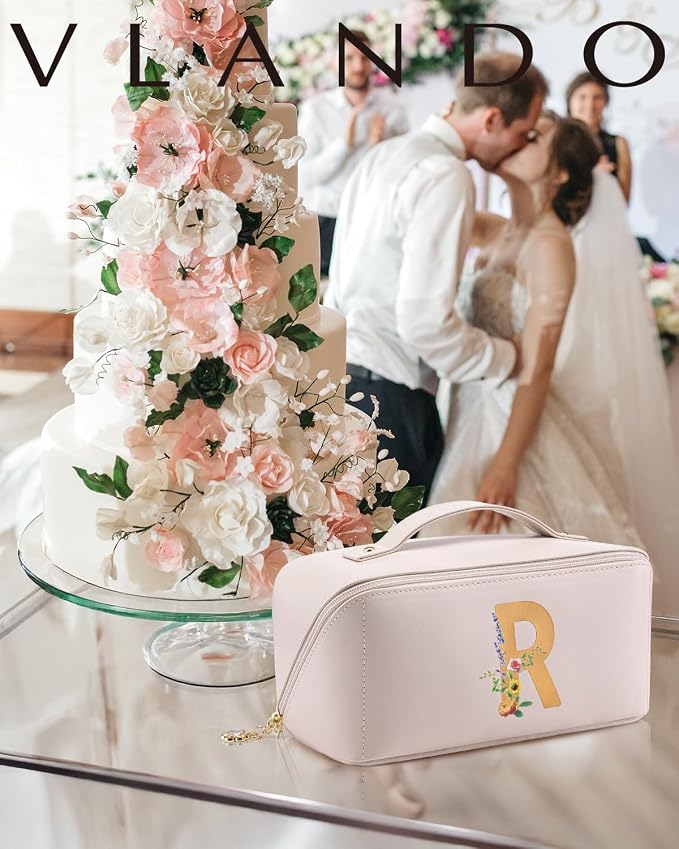 VLANDO Personalized Makeup Bag,Gifts for Women, Letter R,Off White | PU Leather Personalized Toiletry Bag,Open Flat Cosmetic Skincare Organizer,Gifts for Women,Bridesmaid,Teen