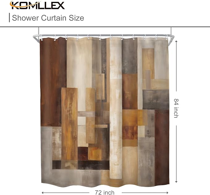 Extra Long Brown Abstract Wood Block Geometric Bathroom Shower Curtain Set | 72Wx84H Rust Farm design, waterproof HD print with fast-drying fabric and 12 hooks.