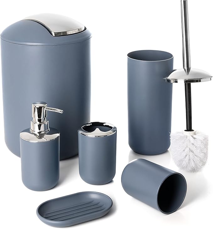 Moss & Stone 6-Piece Blue Bathroom Accessories Set, Soap Dispenser | Modern Plastic Bathroom Set with Toothbrush Holder, Soap Dish, Cup & Trash Can for Countertop Organization and Bathroom Decor