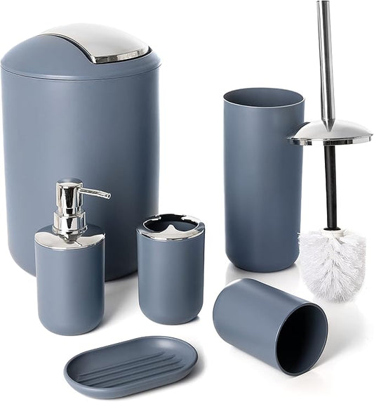 Moss & Stone 6-Piece Blue Bathroom Accessories Set, Soap Dispenser | Modern Plastic Bathroom Set with Toothbrush Holder, Soap Dish, Cup & Trash Can for Countertop Organization and Bathroom Decor
