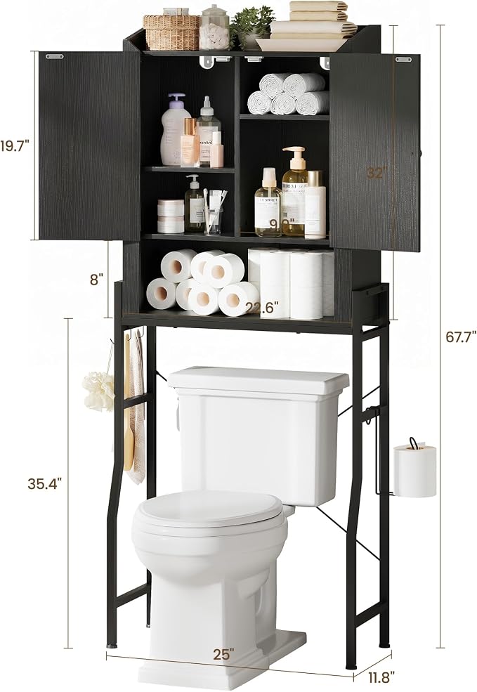 Over The Toilet Storage Cabinet with 2-Door & Metal Stand, Black | Toilet Paper Holder, 3 Extra Hooks, Anti-Tipping Device, With Adjustable Shelves, for Bathroom, Restroom, Laundry