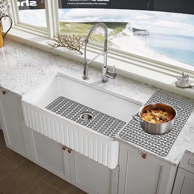 AWOKE Large Silicone Sink Protectors for Kitchen Sink, 30" x 16" Rear Drain Hole, Sink Mat for Bottom of Farmhouse Kitchen Stainless Steel Sinks, Raised Feet/Heat Resistant/Non-slip (Gray)