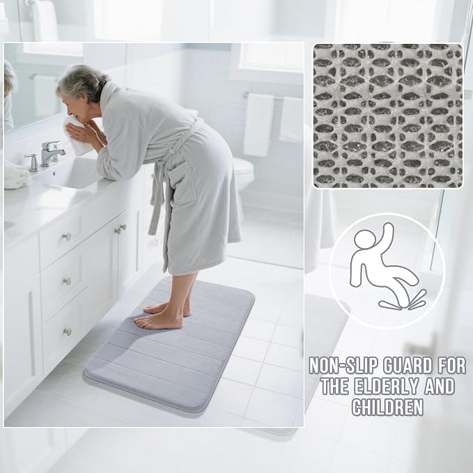 Yimobra Memory Foam Bath Mat Set 3 Pieces- Super Soft Absorbent Quick Dry Bathroom Rug Sets, Machine Washable Non Slip Floor Carpet for Tub Shower, Vanity & Toilet Base, Silver