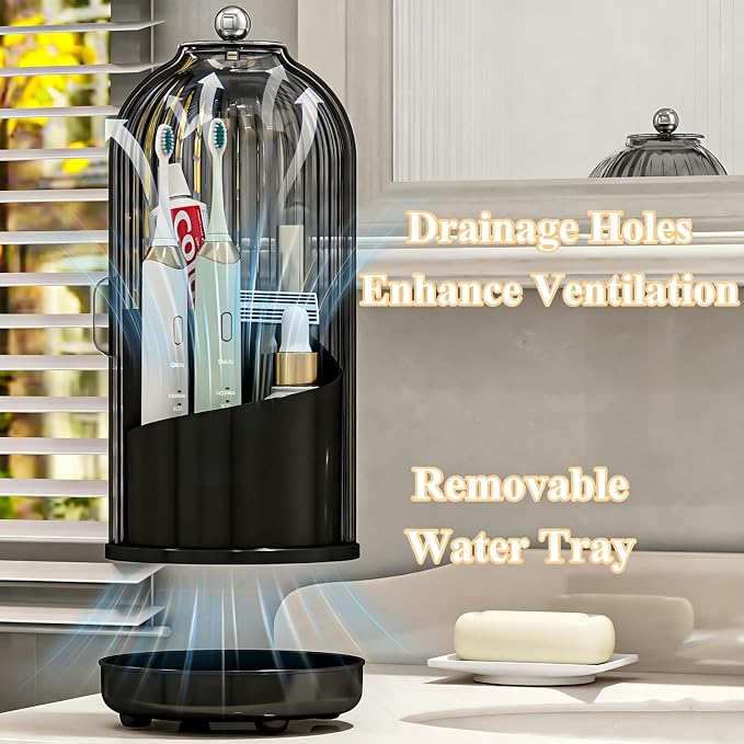 Drainable Toothbrush Toothpaste Holders with Cover, Gray Black | Drainage Holes, Waterproof and Dustproof, 360° Rotating Base, Sliding Door, for Bathroom Counter