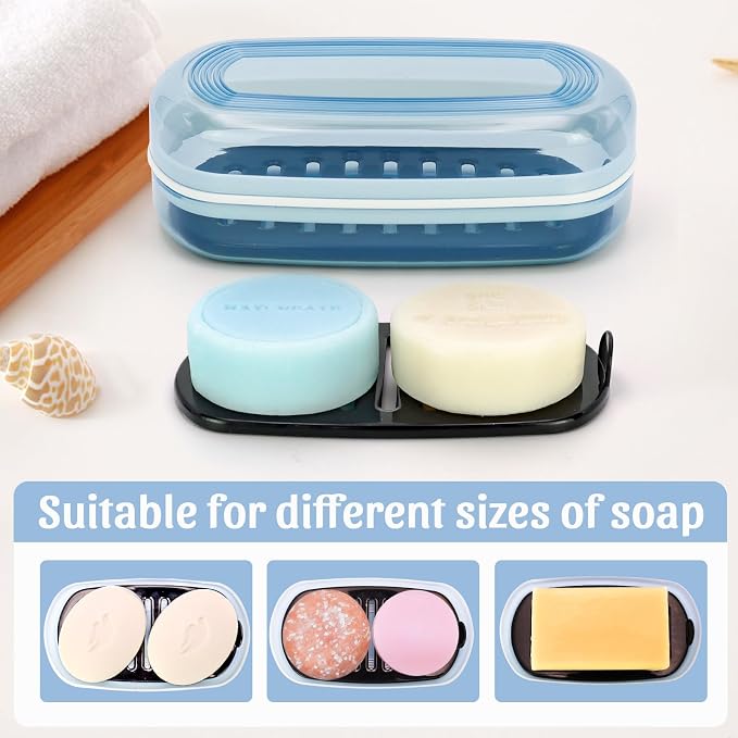 OZNER Clear Travel Soap Case Compatible with Kitsch - Leak-Proof Multi-Use Soap Holder with Draining Layer for Shampoo Bars, Conditioner Bars & Soap (Blue,1 Pack)