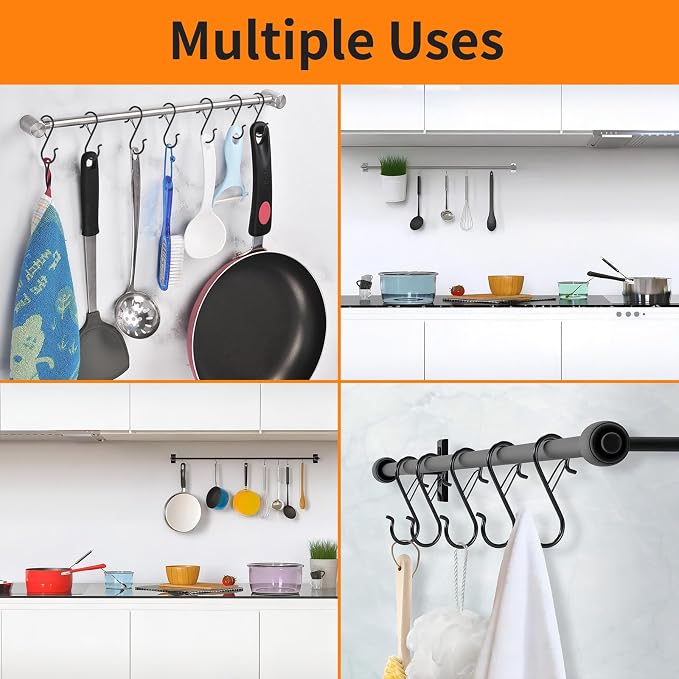 12 Pack 5 Inch S Hooks for Hanging, Heavy Duty S Hooks with Safety Buckle | Metal S Shaped Hanger Hooks for Hanging Kitchen Utensil, Cups Pots Pan Closet Plants Purse Bags Hats(Black)