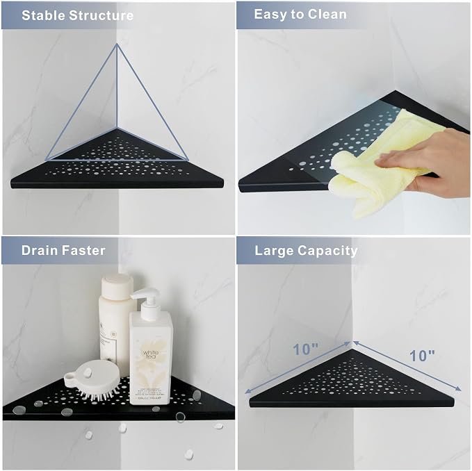 HIDROP Matte Black 10" Corner Shower Shelves for Tiled Walls, 2 Pack | Black Triangle Shower Shelf, 304 Stainless Steel Bathroom Corner Shelf, Fast Drainage,Embed into Tile Gap Shower Corner Shelf