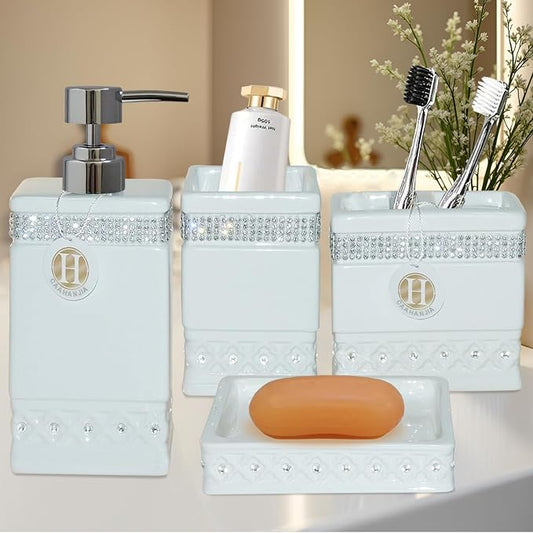 Bathroom Accessories Set 4 Pcs-Ceramic Gift Set Soap Dispenser Pump & Toothbrush Holder & Tumbler Cup & Soap Dish - Bathroom Home Decor Clearance, Countertop Vanity Organize (15 Ounce)