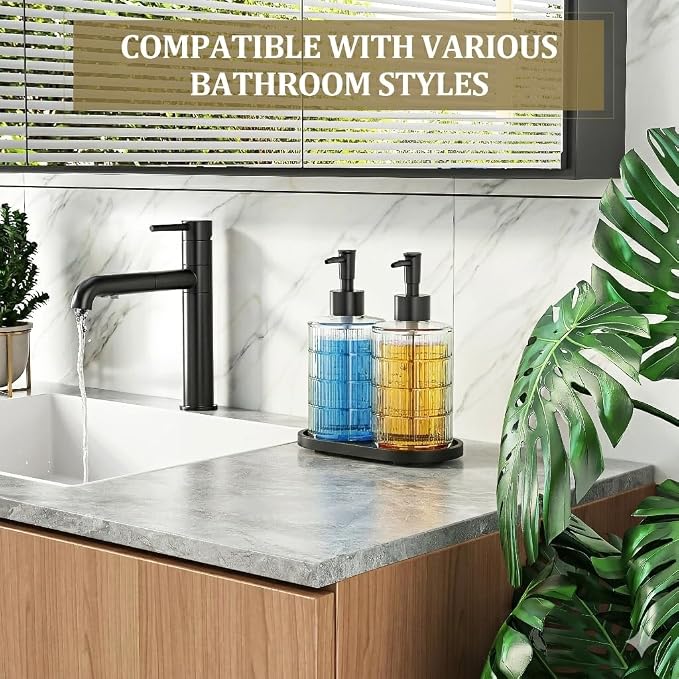 MASADI Soap Dispenser Set with Bamboo Tray, Dish and Hand Soap Lotion Dispenser Set with Wooden Pump for Kitchen and Bathroom Decor for Counter, Modern Vintage Liquid Soap Dispensers (Clear&Black)