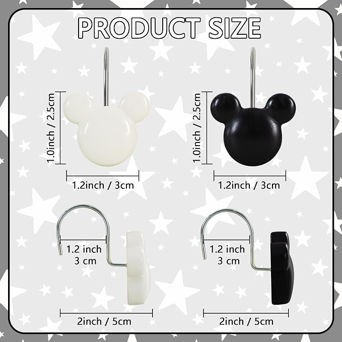 12-Piece Black White Mouse Shower Curtain Hooks for Bathroom | Decorative Shower Curtain Hooks, Stainless Steel Shower Hangers Rings
