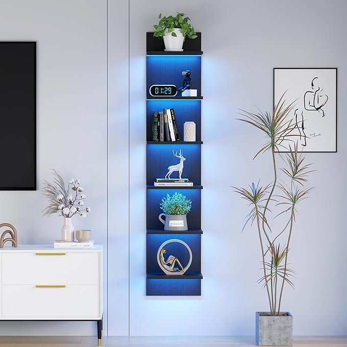 Qupui 6-Tier Wall Shelf with LED Remote, 57" Floating Storage, Black | RGB 22 Modes 6 Brightness. Remote Control. Waterproof Particleboard. 6 Tiers For Storage And Display. For Bedroom