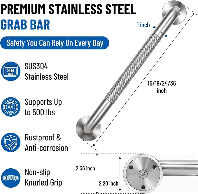 MrHAND Shower Grab bar for Senior with Knurled Stain Finish, 2 Pack 24 inch | SUS 304 Stainless Steel, ADA Compliant, Easy to Clean & Easy Installation, Handicap Grab Bars, Anti-slip Shower Handles