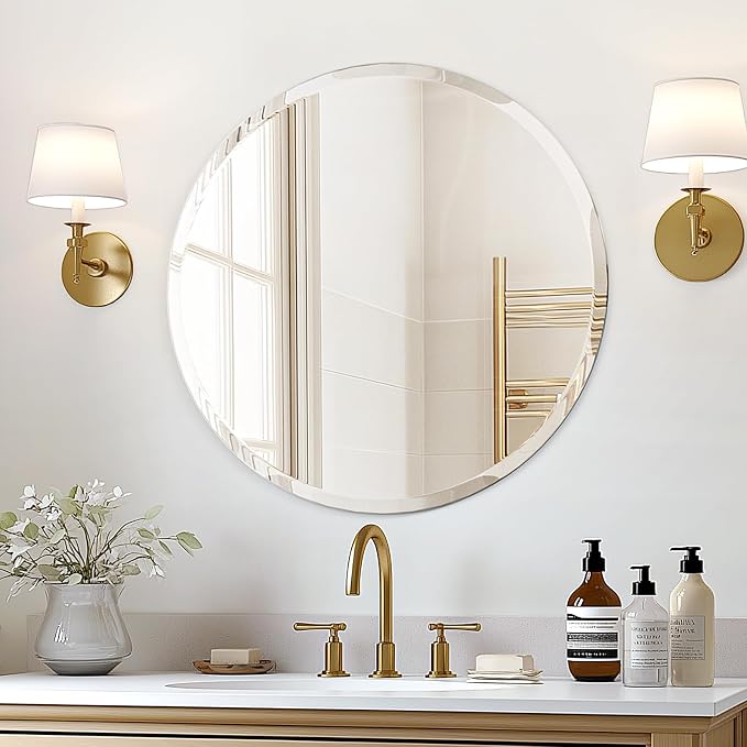 Frameless Round Bathroom Mirror 24" | Circle Vanity Mirror for Wall Decor, with Beveled Edge, for Bathroom, Living Room, Entryway, Modern & Elegant Look