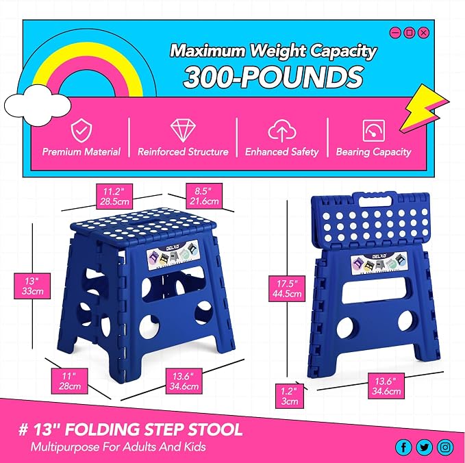 Delxo Folding Step Stool 13 Inch,300 Lbs Step Stool for Adults Blue | Foldable Step Stool 13",Non-Slip Foot Stools with Handle,Lightweight Collapsible stools for Kitchen,Bathroom,Bedroom,Garden
