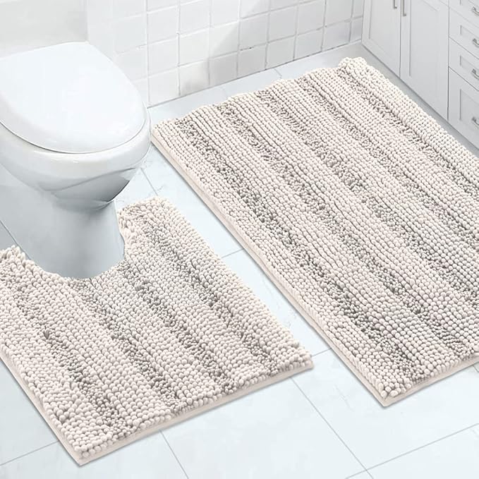 Turquoize Chenille Bathroom Rugs Set Non-Slip Bath Mats for Bathroom Super Absorbent Shaggy Rugs for Tub Shower Toilet Plush Bath Rug Plus U Contour Rug (Oversized: 24" x 36" and 20" x 24" U), Ivory