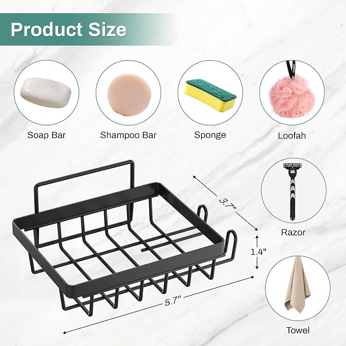 Self Draining Adhesive Soap Bar Holder for Shower Wall with with Soap Saver | Soap Dish Container Caddy Saver with 2 Hooks for Razor Loofah, Shampoo Sponge Tray Case Box for Bathroom Kitchen Sink, Black