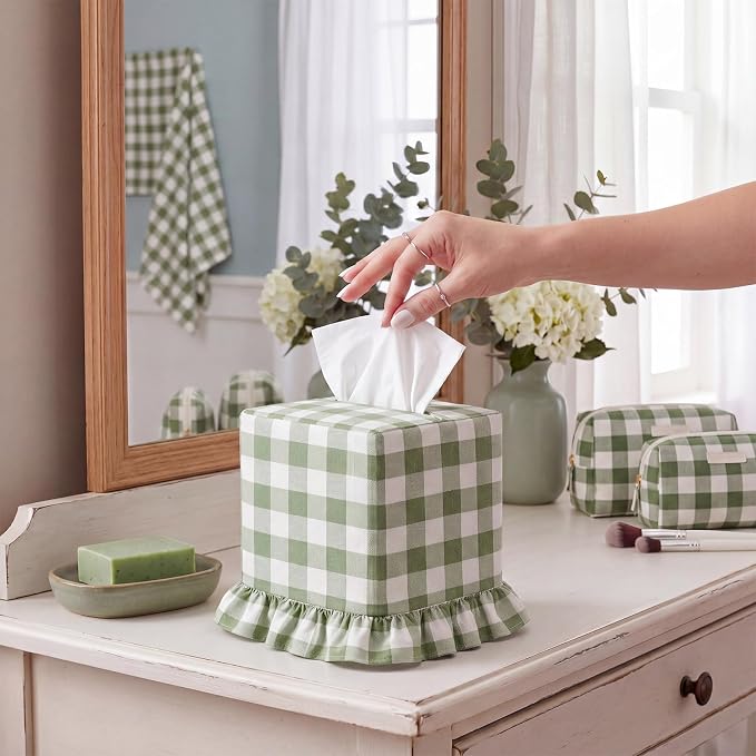 Green Gingham Tissue Box with Ruffled Cover Cottagecore Handmade Decorative Gingham Napkin Holder for Home Bedroom Living Room Bathroom Vanity Countertop Car Office Kitchen