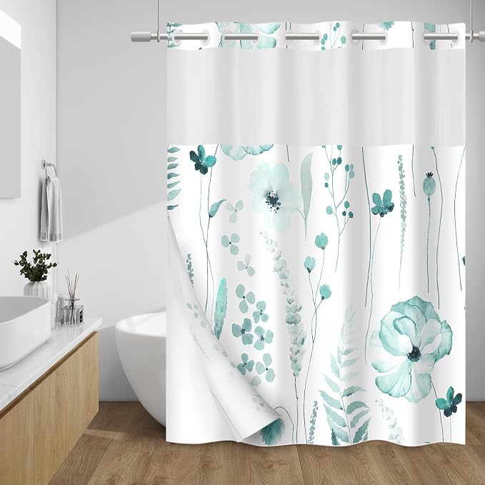No Hook Floral Shower Curtain with Liner, Seaweed Green, 71x74 | Snap in Liner, 3 in 1, Water Repellent, Easy Install, Machine Washable, Hotel Style for Bathroom, Watercolor Pattern