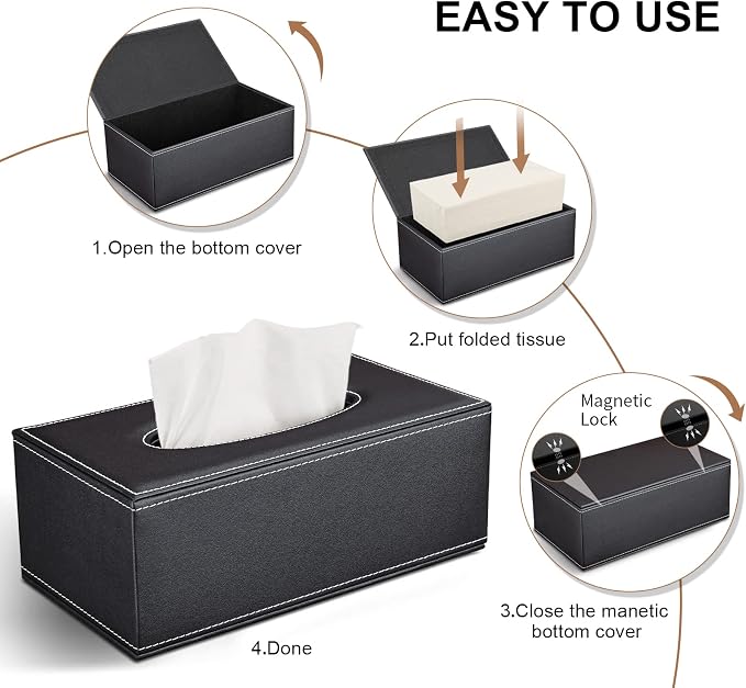 Tissue Box Cover Rectangular, PU Leather Tissue Box Holder for Kleenex, Napkin, Tissue Box Cover Rectangle, Tissue Holder for Bathroom Car Home Decorative 9.84"X5.63"X4.53" - Black