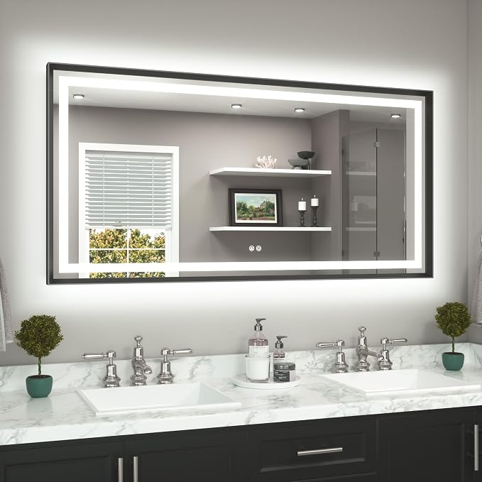 60 x 30 Large Bathroom Mirror Brushed Black Metal Frame Frontlit & Backlit Vanity Mirror 3 Colors White/Warm/Natural Stepless Dimmable Anti-Fog Bathroom Mirrors for Vanity Wall-Mounted