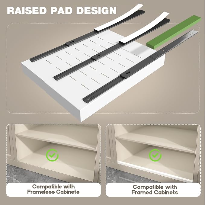 Seinloes 2 Pack Pull Out Cabinet Organizer 24" Deep,Full Extension 3 Slide Rails Slide Out Drawers With Raising Pad for Framed Cabinets,Expandable Width (12.3"-20.5"),No Drill Roll Out shelf,White